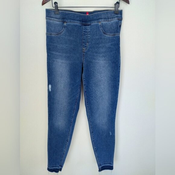 Spanx High Rise Skinny Distressed Jeans Large Blue Raw Hem Comfy 20203 - Picture 1 of 11